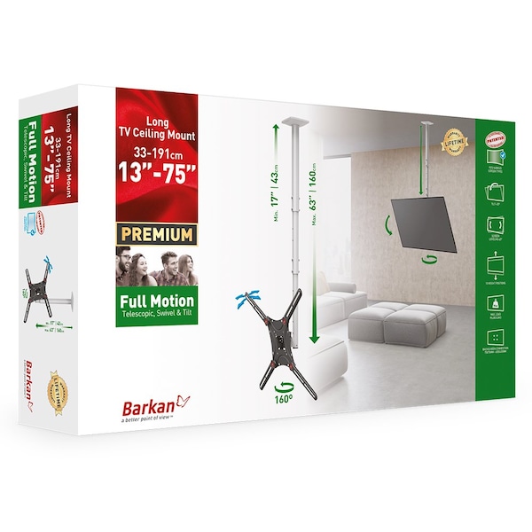 Barkan Barkan 13 - 75 inch Full Motion - 3 Movement Flat / Curved Long TV Ceiling Mount White & Black - 4500L