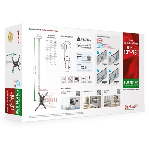 Barkan Barkan 13 - 75 inch Full Motion - 3 Movement Flat / Curved Long TV Ceiling Mount White & Black - 4500L