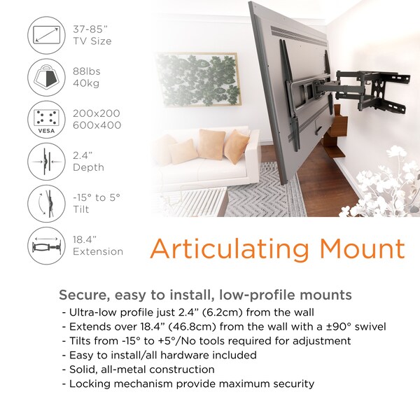 Promounts Full Motion TV Wall Mount for TVs 37 in. - 85 in. Up to 88 lbs - OMA6402
