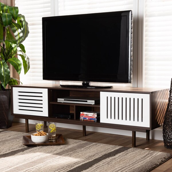 Baxton Studio Meike Two-Tone Walnut Brown and White Wood TV Stand - 169-10747