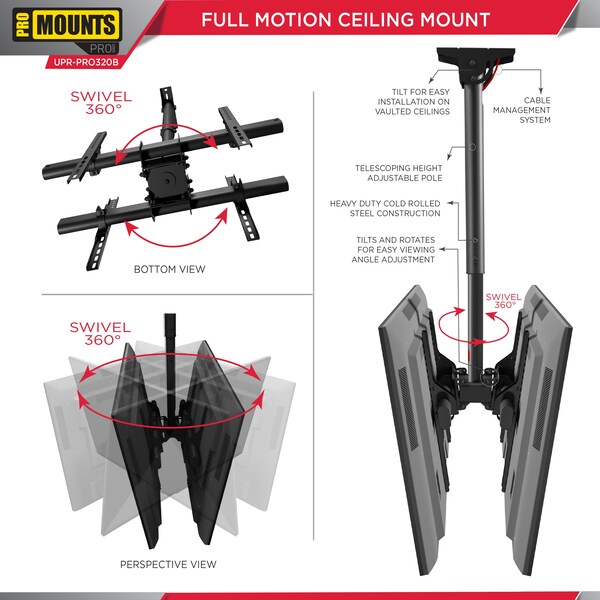 Promounts Dual Ceiling TV Mount for TVs 32 in. - 85 in. Up to 88 lbs each - UC-PRO320B