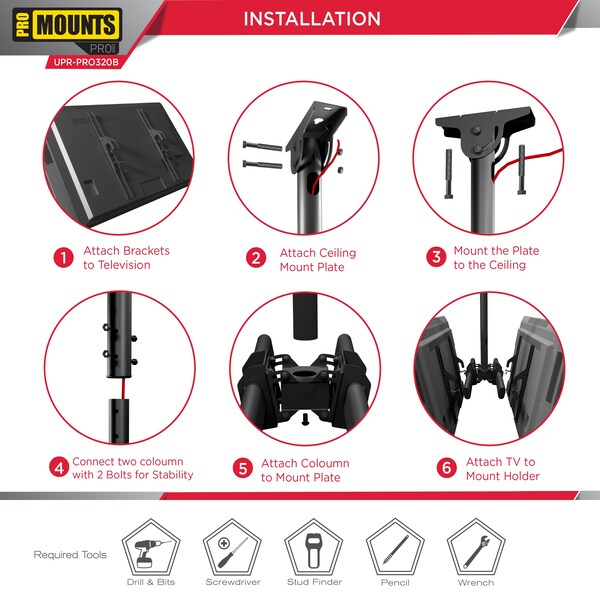 Promounts Dual Ceiling TV Mount for TVs 32 in. - 85 in. Up to 88 lbs each - UC-PRO320B