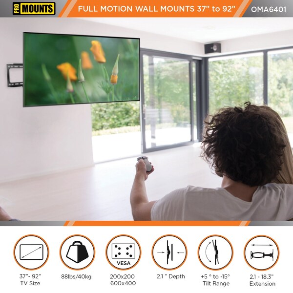 Promounts Full Motion TV Wall Mount for TVs 37 in. to 92 in. Up to 88 lbs - OMA6401