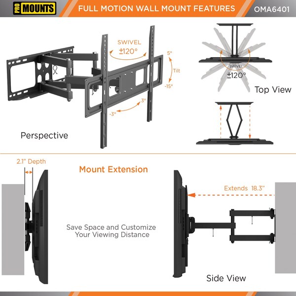 Promounts Full Motion TV Wall Mount for TVs 37 in. to 92 in. Up to 88 lbs - OMA6401