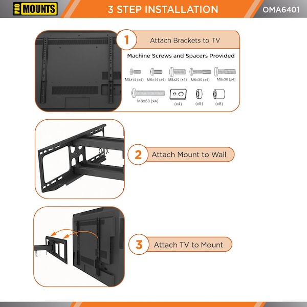 Promounts Full Motion TV Wall Mount for TVs 37 in. to 92 in. Up to 88 lbs - OMA6401
