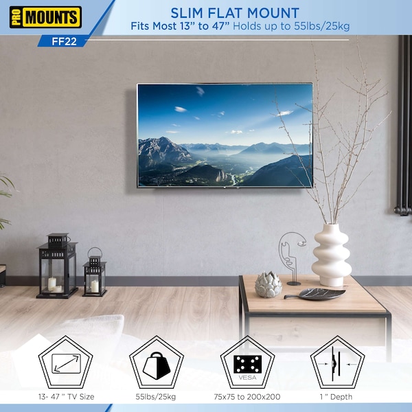 Promounts Flat TV Wall Mount for TVs 13 in. - 47 in. Up to 55 lbs - FF22