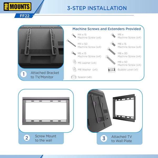 Promounts Flat TV Wall Mount for TVs 13 in. - 47 in. Up to 55 lbs - FF22