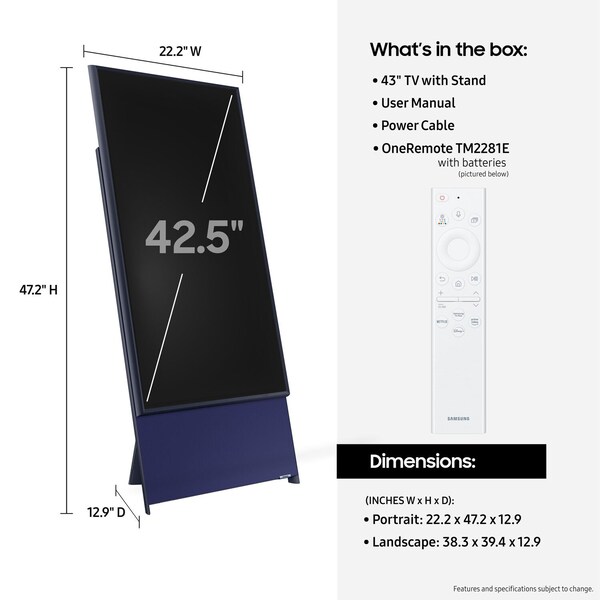 Samsung 43in Class The Sero QLED 4K UHD HDR Smart TV 2022 - QN43LS05BAFXZA