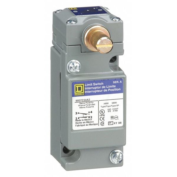 Interruptor de límite resistente Telemecanique Sensors, Sin palanca, Rotativo, 1NC/1NO, 10A @ 600V AC, Ubicación del actuador: Lateral - 9007C54A2