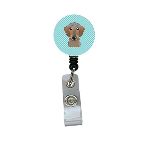 Teacher&Aposs Aid Checkerboard Blue Wirehaired Dachshund Retractable Badge Reel - TE3439120