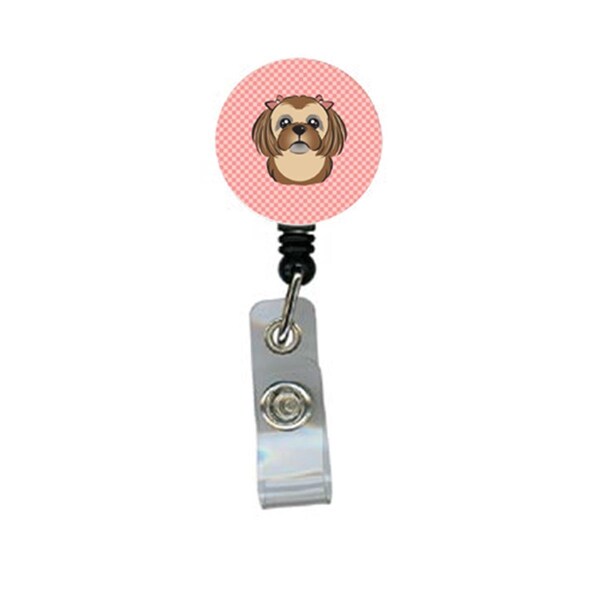 Carolines Treasures Checkerboard Pink Chocolate Brown Shih Tzu Retractable Badge Reel - BB1249BR