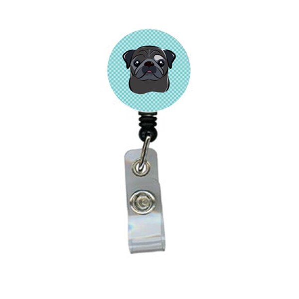 Carolines Treasures Checkerboard Blue Black Pug Retractable Badge Reel - BB1201BR
