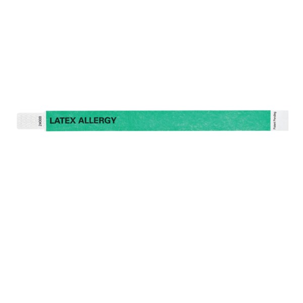 Nevs Wristband - Tyvek - Latex Allergy 1" x 10" Green w/White - WB-0022