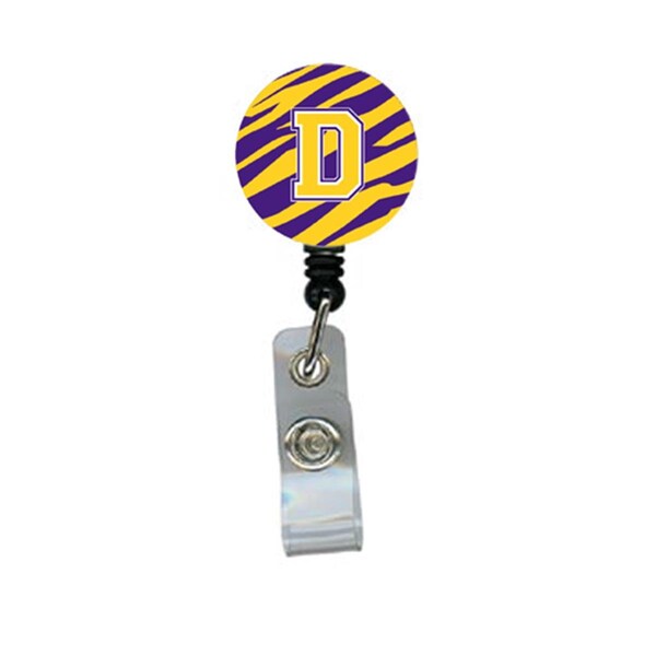 Carolines Treasures Tiger Stripe - Purple Gold Initial D Monogram Initial Retractable Badge Reel or ID Holder with Clip - CJ1022-D-BR