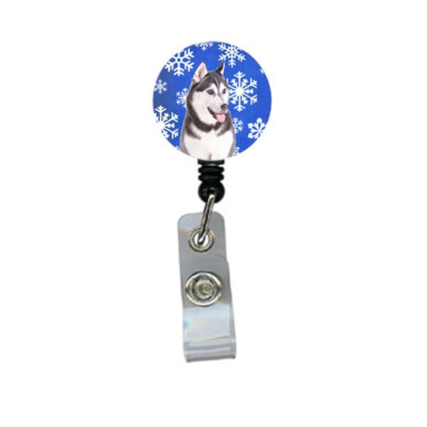 Carolines Treasures Winter Snowflakes Holiday Alaskan Malamute Retractable Badge Reel - KJ1175BR