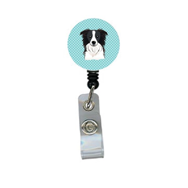 Teacher&Aposs Aid Checkerboard Blue Border Collie Retractable Badge Reel - TE2922571