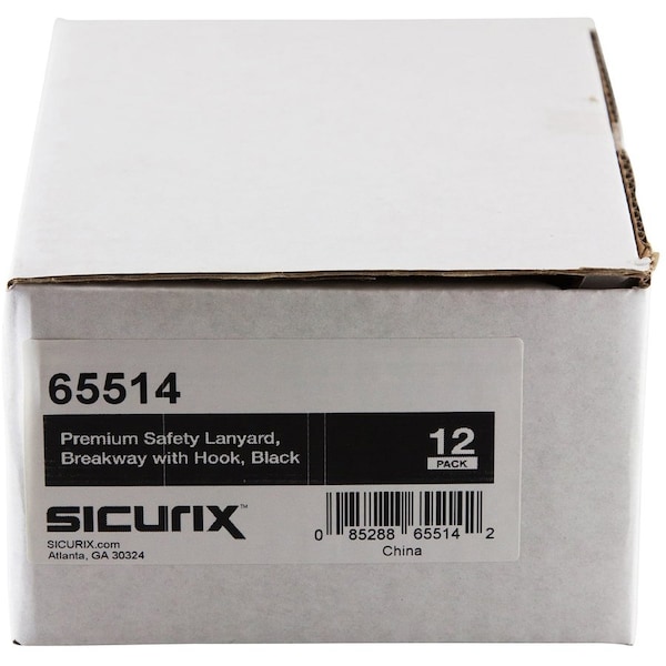 Sicurix Breakaway Lanyard, Steel Hook, 36", 12/PK, Black 12PK - BAU65514