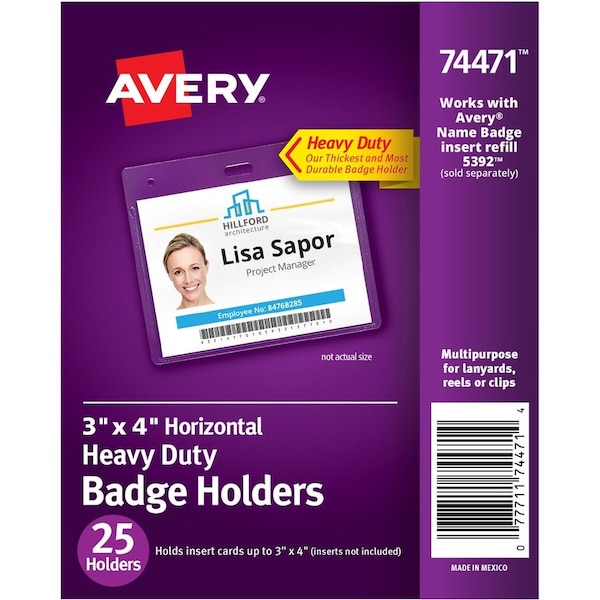 Avery Badge Holders, Top Load, Landscape, Pre-Punched, 3"x4", 25/PK - AVE74471