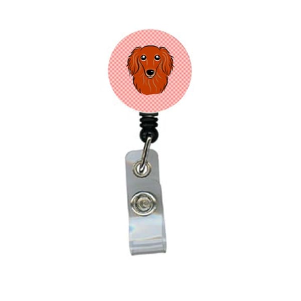 Carolines Treasures Checkerboard Pink Longhair Red Dachshund Retractable Badge Reel - BB1214BR