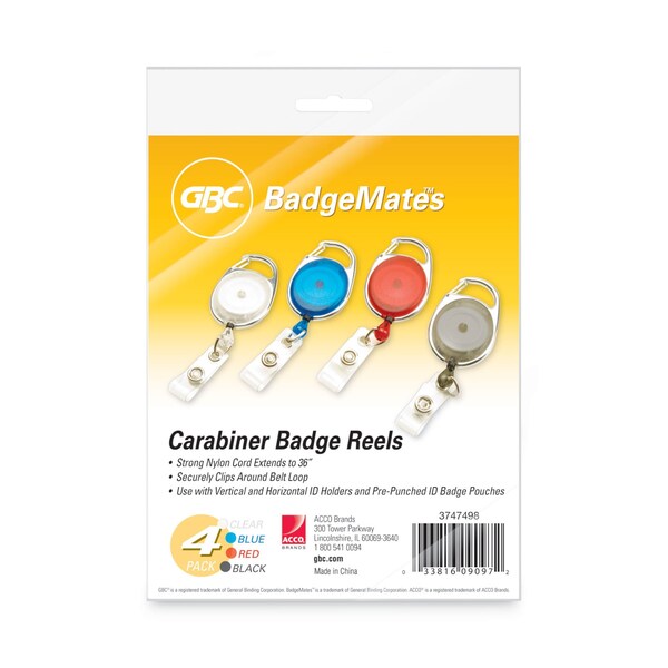Gbc BadgeMates Belt Clip Badge Reels, 36in Extension, Assorted Colors, 4PK - 3747498