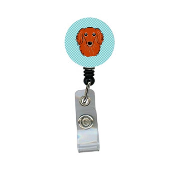 Teacher&Aposs Aid Checkerboard Blue Longhair Red Dachshund Retractable Badge Reel - TE3449483