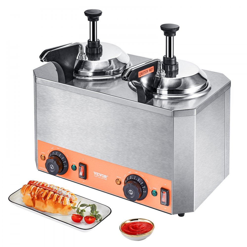VEVOR Electric Cheese Dispenser with Pumps, 2.3x2 Qt Commercial Hot Fudge Warmer, Stainless Steel Heated Double Pumps Dispenser, 86-230℉ Temp Adjustable Nacho Cheese Warmer for Fudge Cheese Caramel - DRNZBBXG2X25M0AWDV1