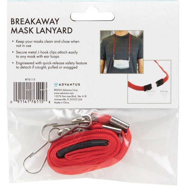 Advantus Lanyard, Breakaway, w/J-hook Clips, f/Face Masks, 30"L, 10/PK, RD 20PK - AVT76115