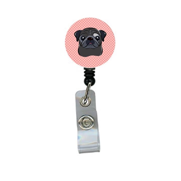 Carolines Treasures Checkerboard Pink Black Pug Retractable Badge Reel - BB1263BR