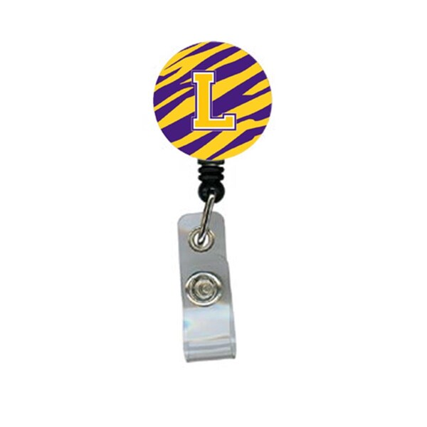 Carolines Treasures Tiger Stripe - Purple Gold Initial L Monogram Initial Retractable Badge Reel or ID Holder with Clip - CJ1022-L-BR