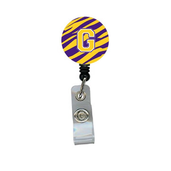 Carolines Treasures Tiger Stripe - Purple Gold Initial G Monogram Initial Retractable Badge Reel or ID Holder with Clip - CJ1022-G-BR