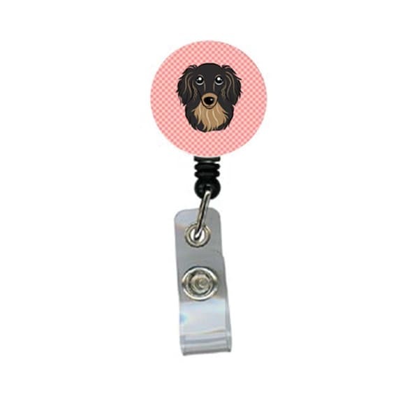 Carolines Treasures Checkerboard Pink Longhair Black And Tan Dachshund Retractable Badge Reel - BB1213BR