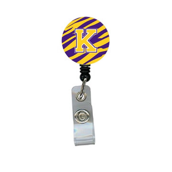 Carolines Treasures Tiger Stripe - Purple Gold Initial K Monogram Initial Retractable Badge Reel or ID Holder with Clip - CJ1022-K-BR