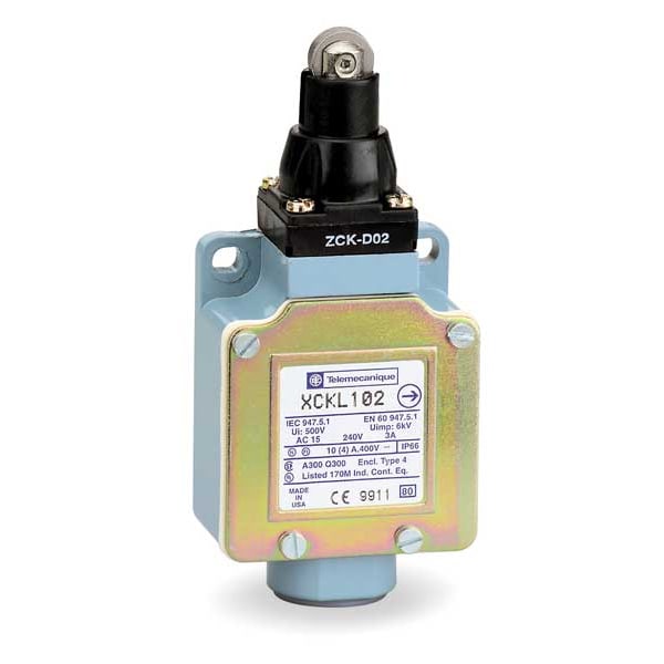 Interruptor de límite Telemecanique Sensors, pistón, rodillo, 1NC/1NO, 10A @ 240V AC, Ubicación del actuador: Superior - XCKL102H7