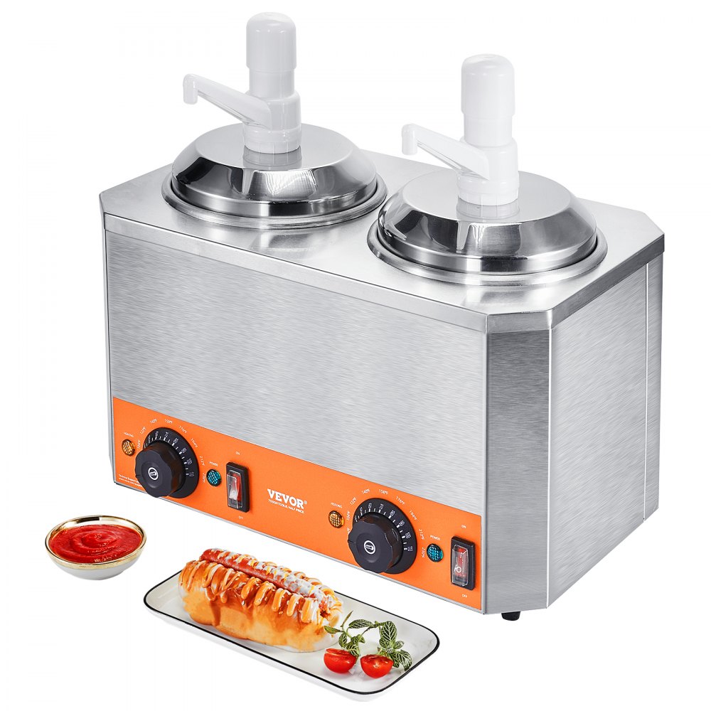 VEVOR Electric Cheese Dispenser with Pumps, 2.3x2 Qt Commercial Hot Fudge Warmer, Plastic Double Pumps Dispenser, 86-230℉ Temp Adjustable Nacho Cheese Sauce Warmer, for Hot Fudge Cheese Caramel - DRNZBBXG2X25W3HY0V1