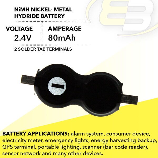Exell Battery 2/V80H Flat Pack 2.4V 80mAh Memory Backup Battery for GPS-Tracker, RTC, MBU - 2/V80H-FLAT