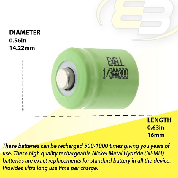 Exell Battery 1/3AA Rechargeable Battery 300mAh 1.2V Button Top  for Shavers, Custom, Radios - EBC-504