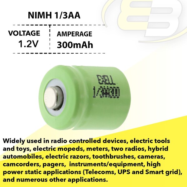 Exell Battery 1/3AA Rechargeable Battery 300mAh 1.2V Button Top  for Shavers, Custom, Radios - EBC-504