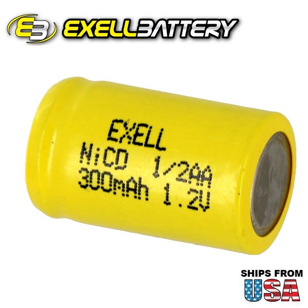 Exell Battery 1/2AA NiCD 300mAh 1.2V Flat top Rechargeable Battery - EBC-305-0