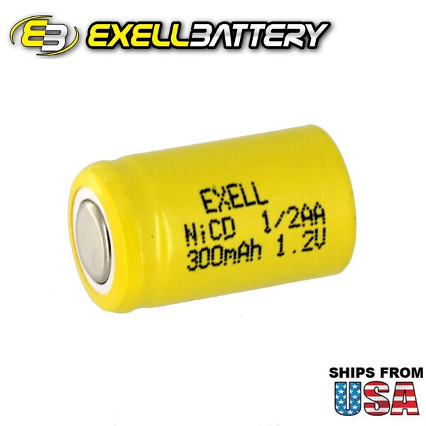 Exell Battery 1/2AA NiCD 300mAh 1.2V Flat top Rechargeable Battery - EBC-305-0
