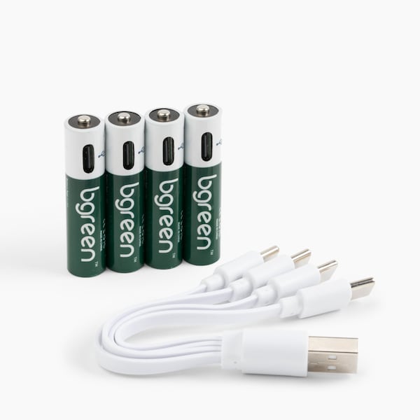 Bgreen USB-C Rechargeable AAA Batteries, 900 mAh, High Output, Fast Charge, Charging cable included, 4PK - UBG-4PAAA
