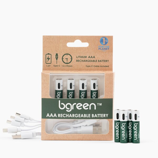 Bgreen USB-C Rechargeable AAA Batteries, 900 mAh, High Output, Fast Charge, Charging cable included, 4PK - UBG-4PAAA
