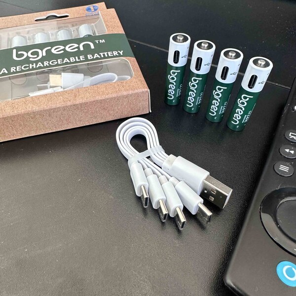 Bgreen USB-C Rechargeable AAA Batteries, 900 mAh, High Output, Fast Charge, Charging cable included, 4PK - UBG-4PAAA