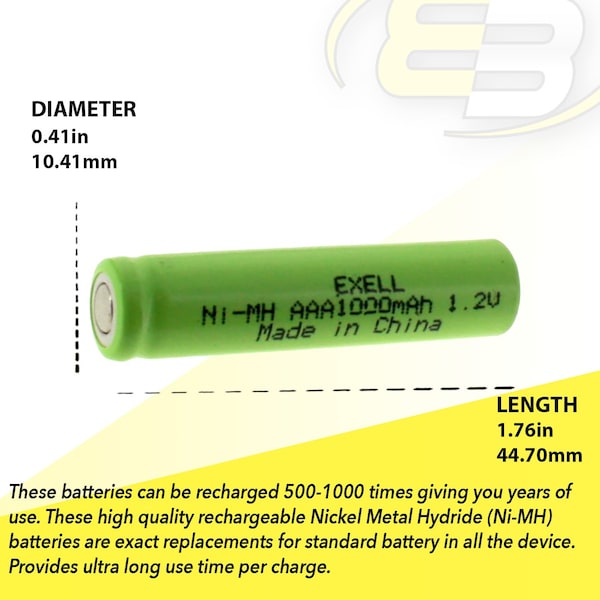 Exell Battery 1.2V NIMH AAA 1000mAh Rechargeable Flat Top Battery - EBC-526-0