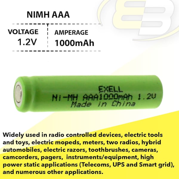 Exell Battery 1.2V NIMH AAA 1000mAh Rechargeable Flat Top Battery - EBC-526-0
