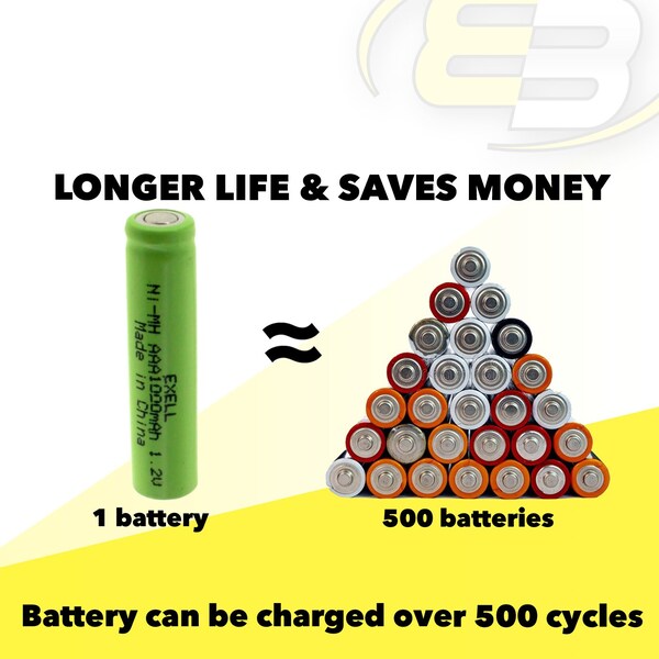 Exell Battery 1.2V NIMH AAA 1000mAh Rechargeable Flat Top Battery - EBC-526-0