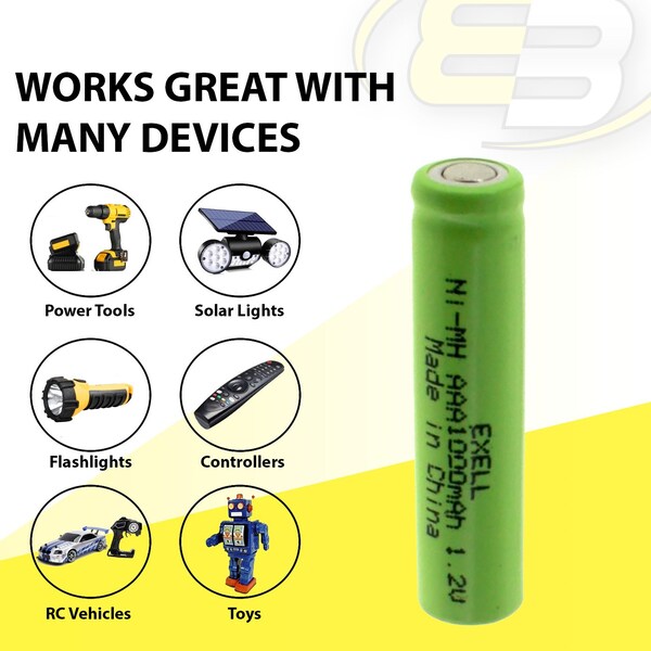 Exell Battery 1.2V NIMH AAA 1000mAh Rechargeable Flat Top Battery - EBC-526-0