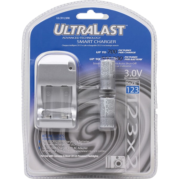 Ultralast Smart Charger with 2 Rechargeable CR123 Batteries - ULCR123RK