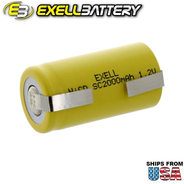 Exell Battery SubC 1.2V 2000mAh NiCD Rechargeable Battery with Tabs - EBC-323-1