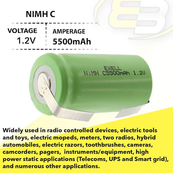 Exell Battery 1.2V 5000mAh NiMH C Size Rechargeable Battery w/ Tabs - EBC-542-1