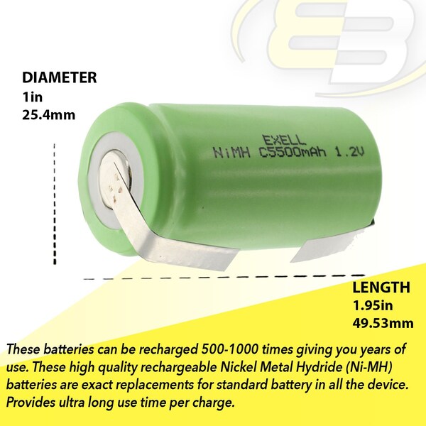 Exell Battery 1.2V 5000mAh NiMH C Size Rechargeable Battery w/ Tabs - EBC-542-1
